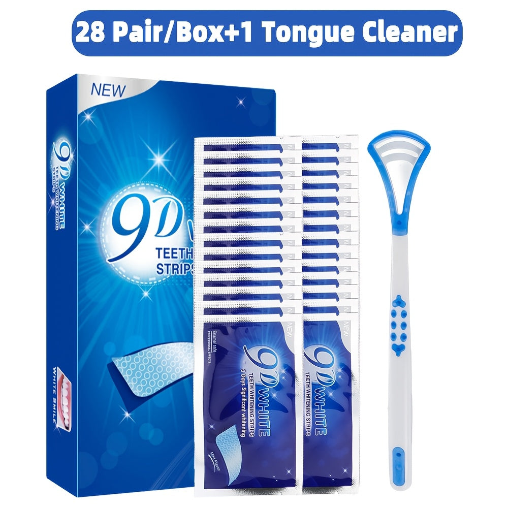 28 Pairs of 9D Teeth Whitening Teeth Cleaning Stickers, with Free Blue Tongue Coating Scraper, for Daily Use and Travel