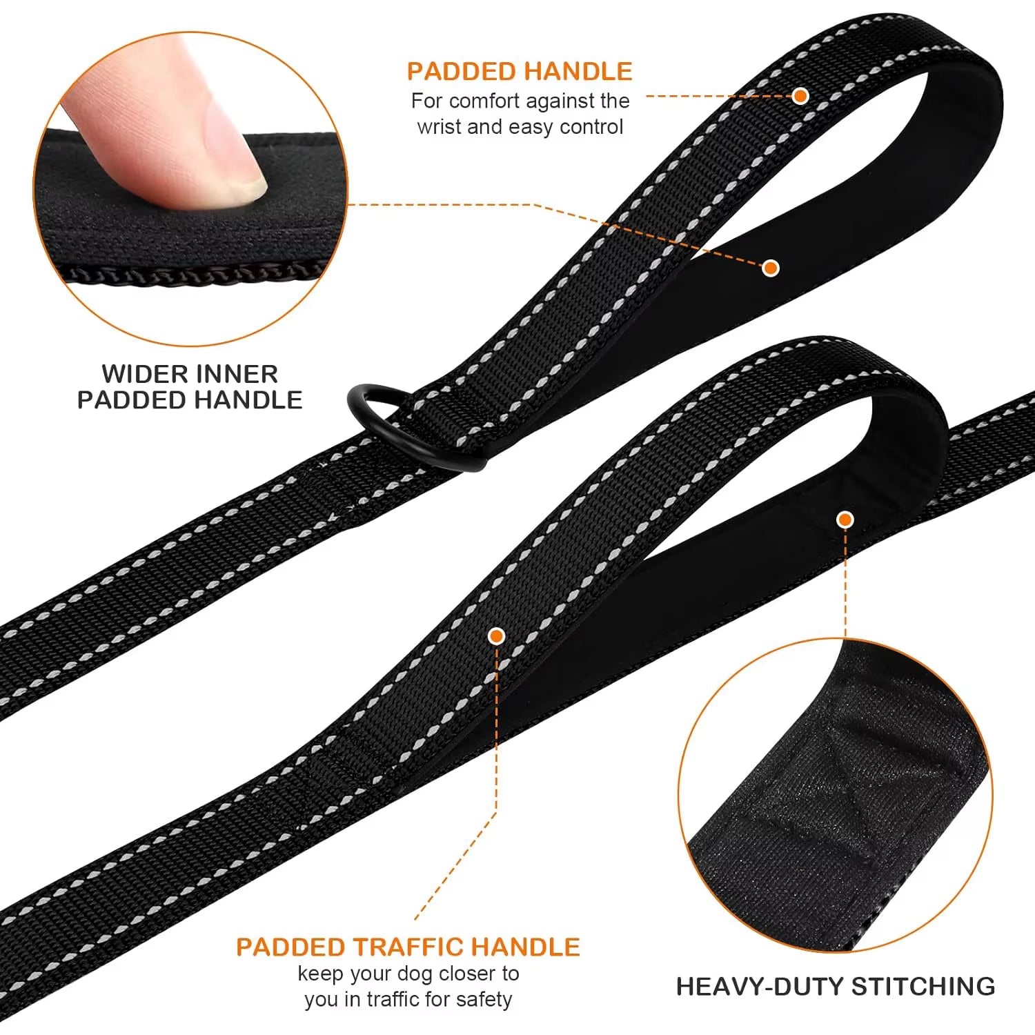 Heavy Duty Double Handle Dog Leash with Reflective Strips for Night Safety - Ideal for Large and Extra Large Breeds - Perfect Fo