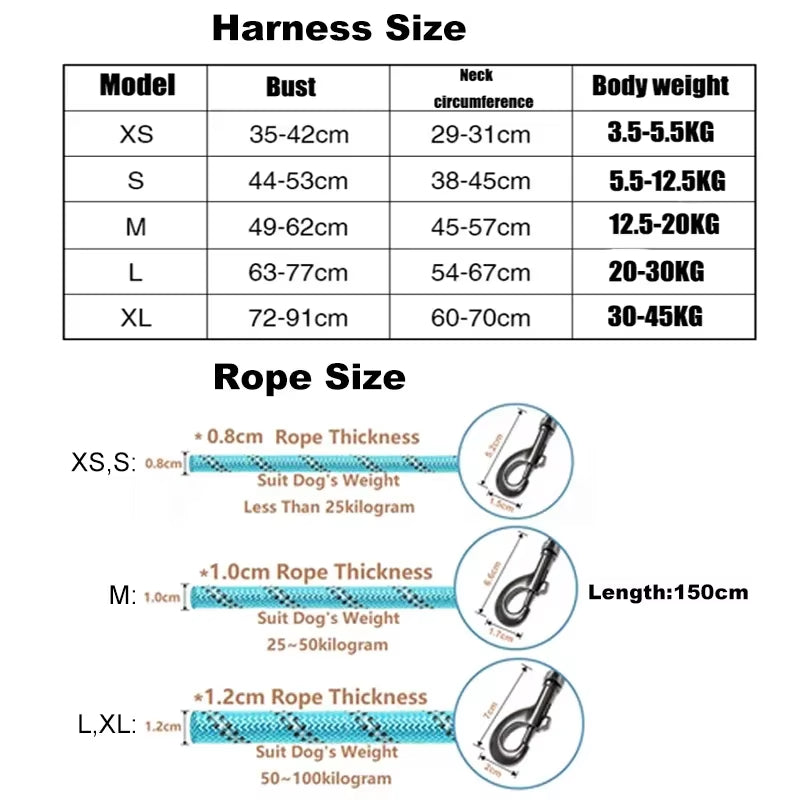 Pet Dogs Adjustable Harness Small and Large Dog Harness Vest,150Cm Strong Dog Leash Pet Leashes Reflective Leash Drag Pull Tow