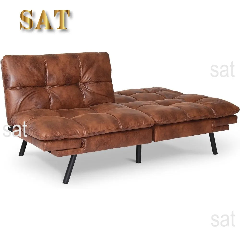 Bed, Leather Futon Couch Foldable Sofas, Natural Brown
