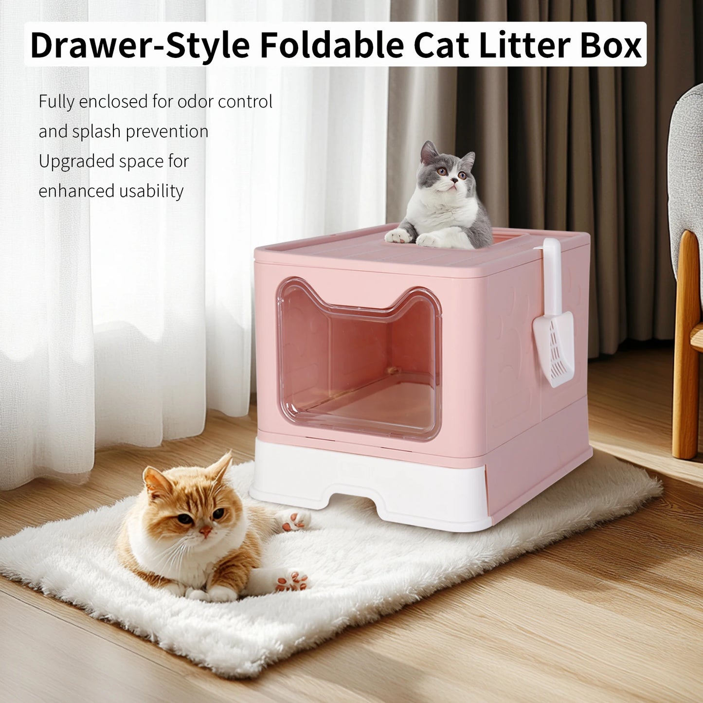 Large Enclosed Cat Litter Box Self-Cleaning No Smell Pet Kitty Toilet Box with Scoop & Tray Foldable