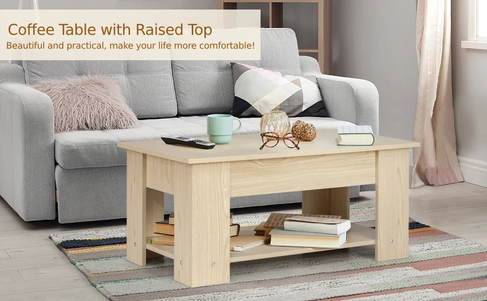 GOFLAME Height Adjustable Coffee Table Dining Table with Integrated Compartment Natural