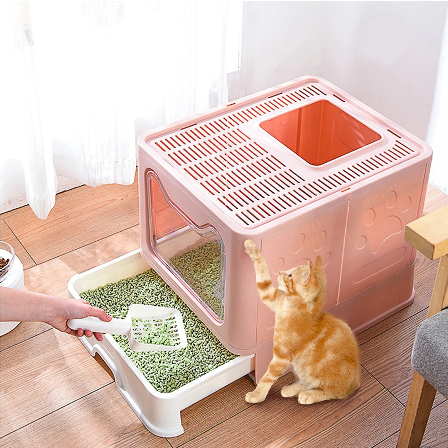 Large Enclosed Cat Litter Box Self-Cleaning No Smell Pet Kitty Toilet Box with Scoop & Tray Foldable