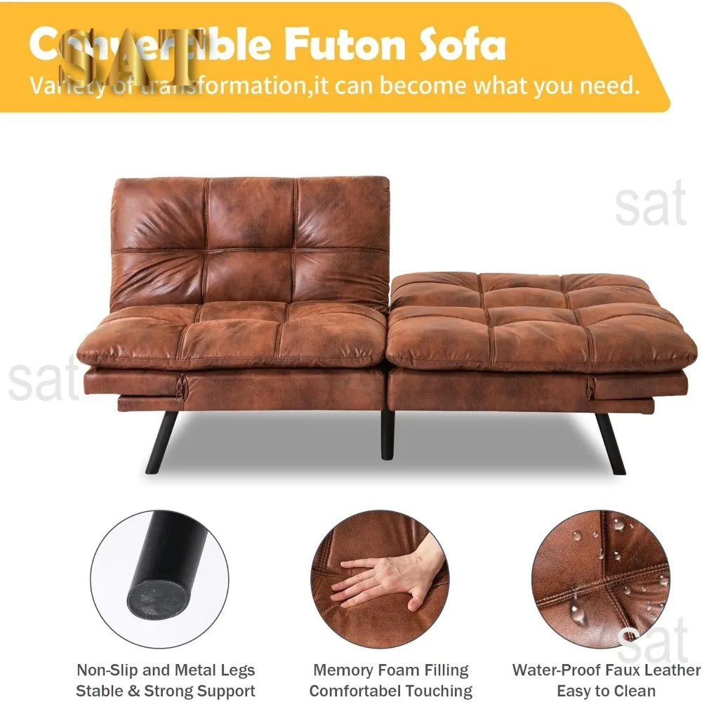 Bed, Leather Futon Couch Foldable Sofas, Natural Brown