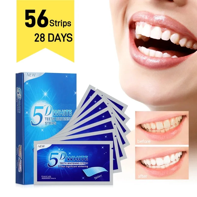 5D Teeth Whitening Strips 56 Strips Tooth Whitener Gel Strip Teeth Brightening Strips Remove Stains Oral Hygiene Care (28Pairs)