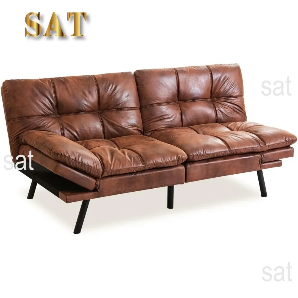 Bed, Leather Futon Couch Foldable Sofas, Natural Brown