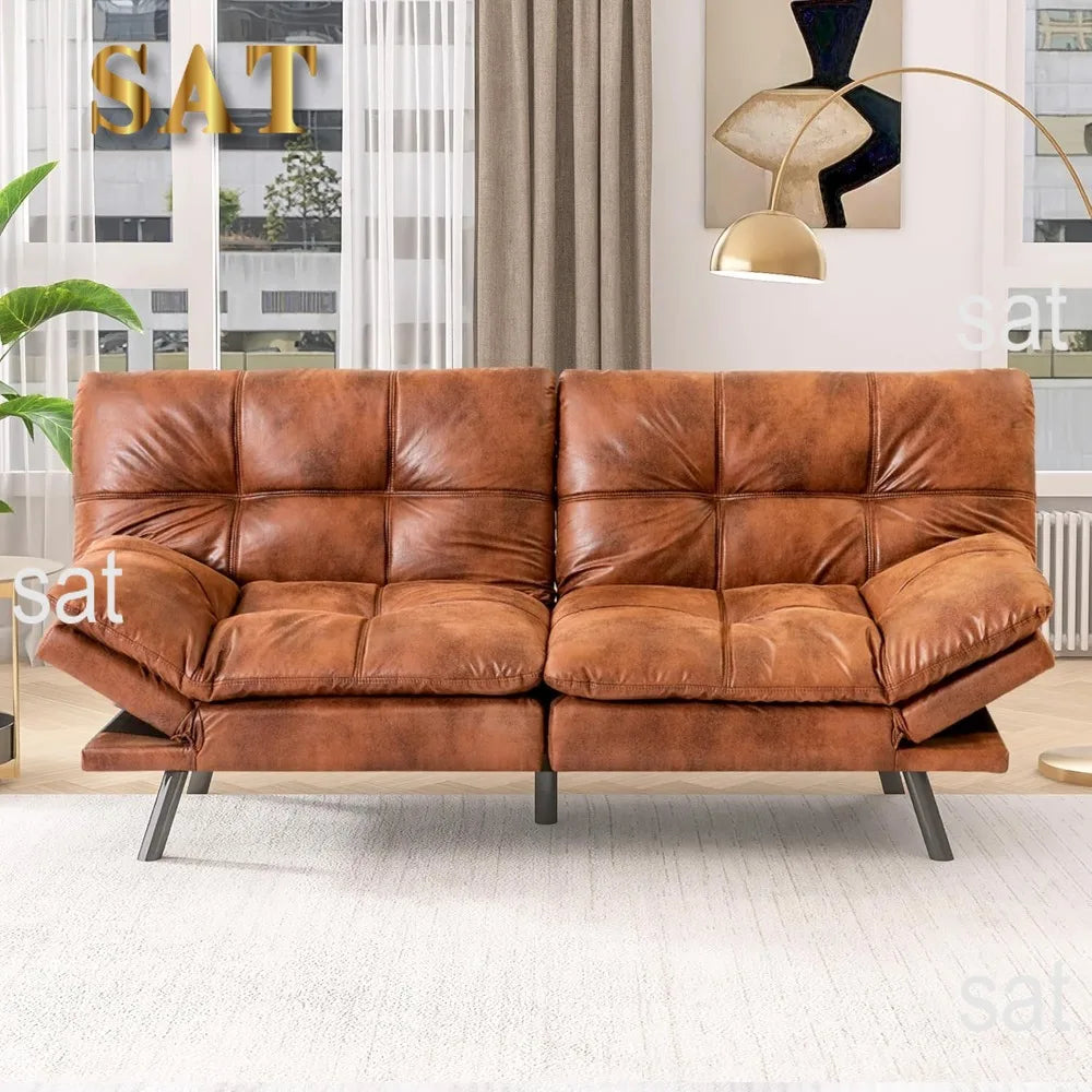 Bed, Leather Futon Couch Foldable Sofas, Natural Brown