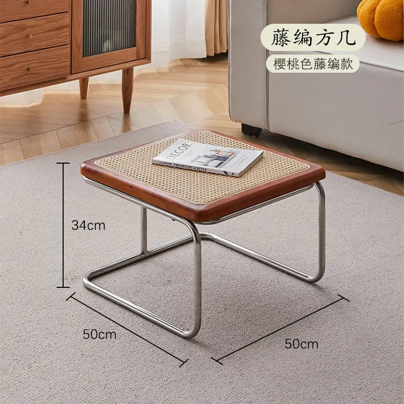 Retro Medieval Style Rattan Coffee Table Glass Side Tables Living Room Corner Coffee Desks Combination Desk Simple Design