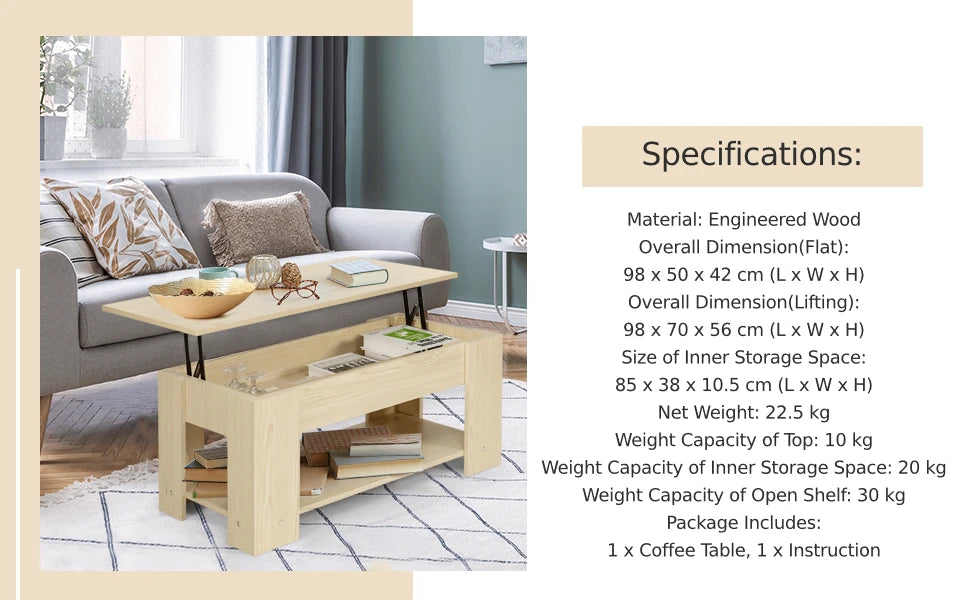 GOFLAME Height Adjustable Coffee Table Dining Table with Integrated Compartment Natural