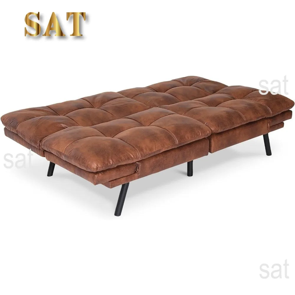 Bed, Leather Futon Couch Foldable Sofas, Natural Brown