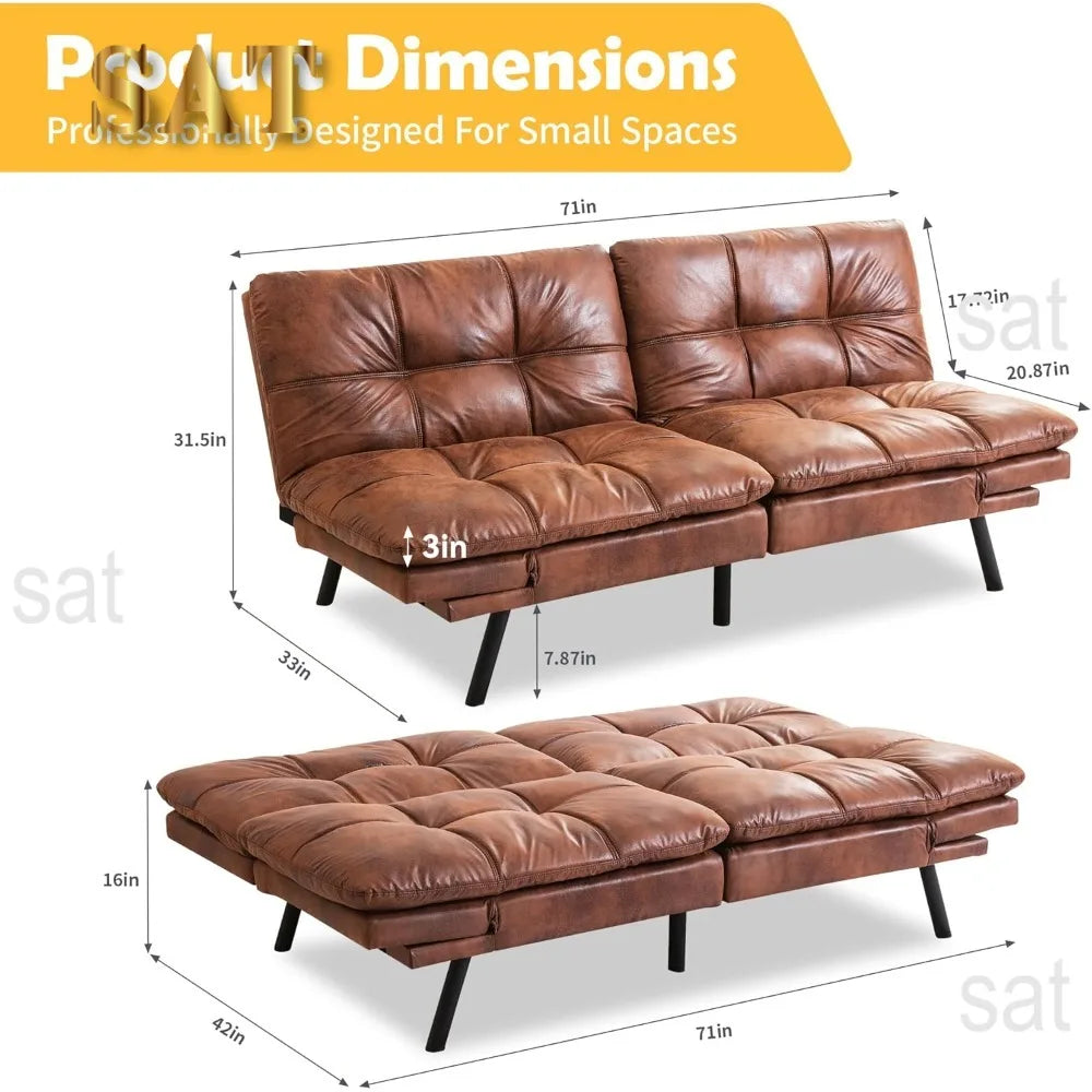 Bed, Leather Futon Couch Foldable Sofas, Natural Brown