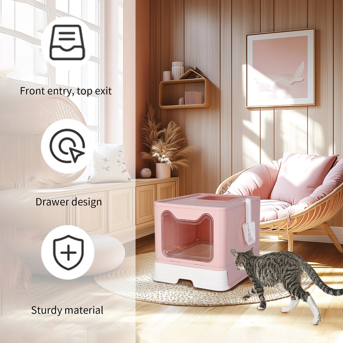 Large Enclosed Cat Litter Box Self-Cleaning No Smell Pet Kitty Toilet Box with Scoop & Tray Foldable