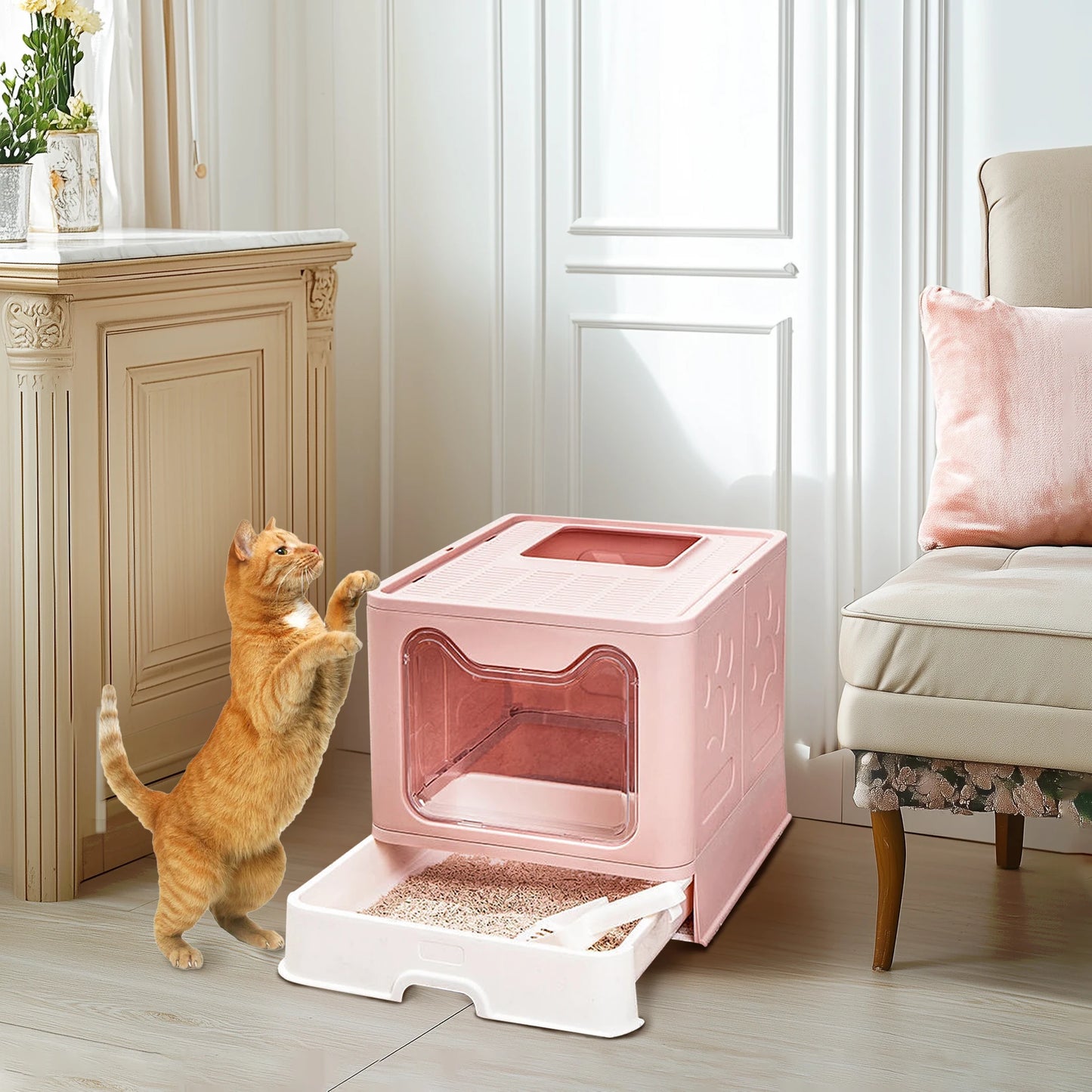 Large Enclosed Cat Litter Box Self-Cleaning No Smell Pet Kitty Toilet Box with Scoop & Tray Foldable