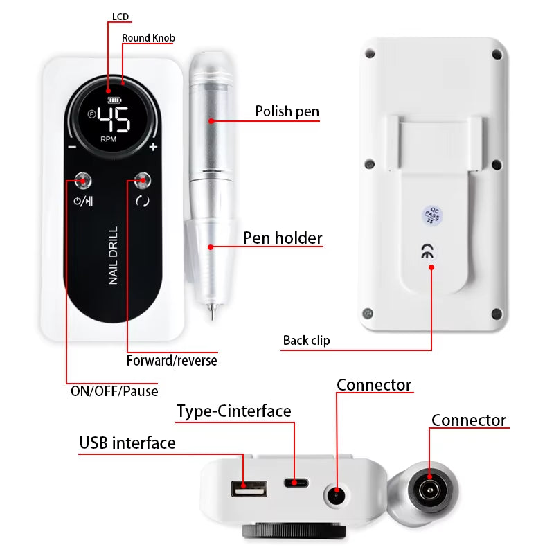 Professional Electric Nail Drill Kit Portable Nail Drill Machine Rechargeable Low Noise Nail Sander File for Manicure Salon Tool