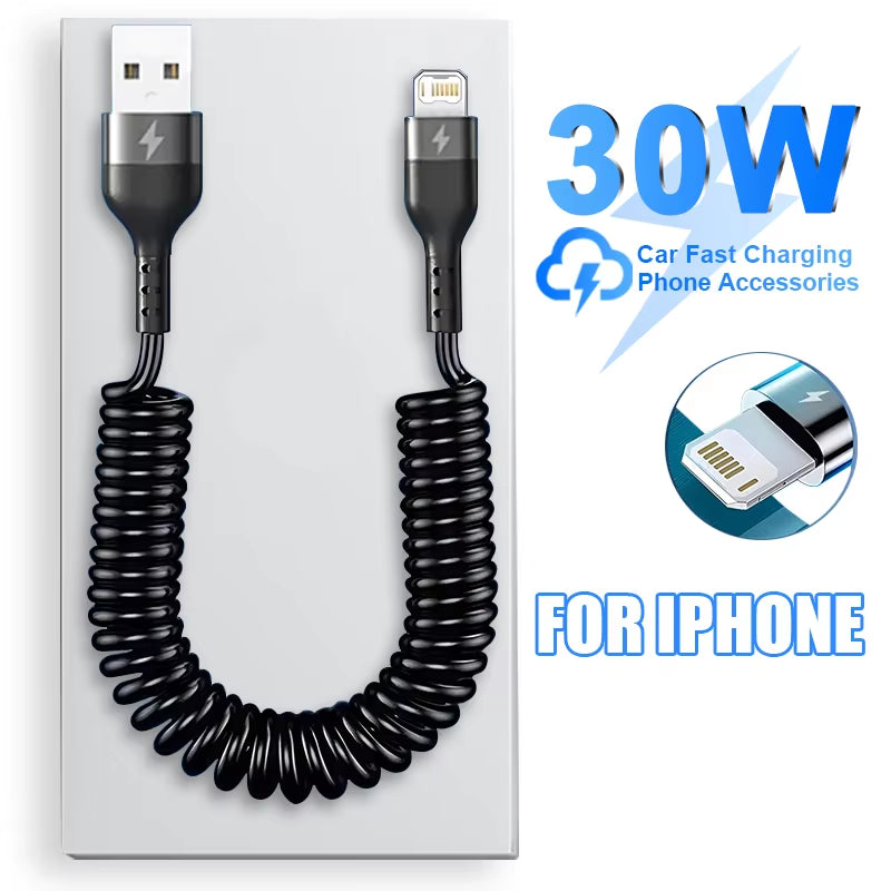For Apple 30W USB Fast Car Charger Cable for Iphone 14 13 12 11 Pro Max 8 plus X XS Spring Telescopic Charging Cable Accessories